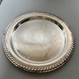 Leonard Silver EP Italy Round Serving Tray Etched Floral Gadroon Edge 12.5 Inch